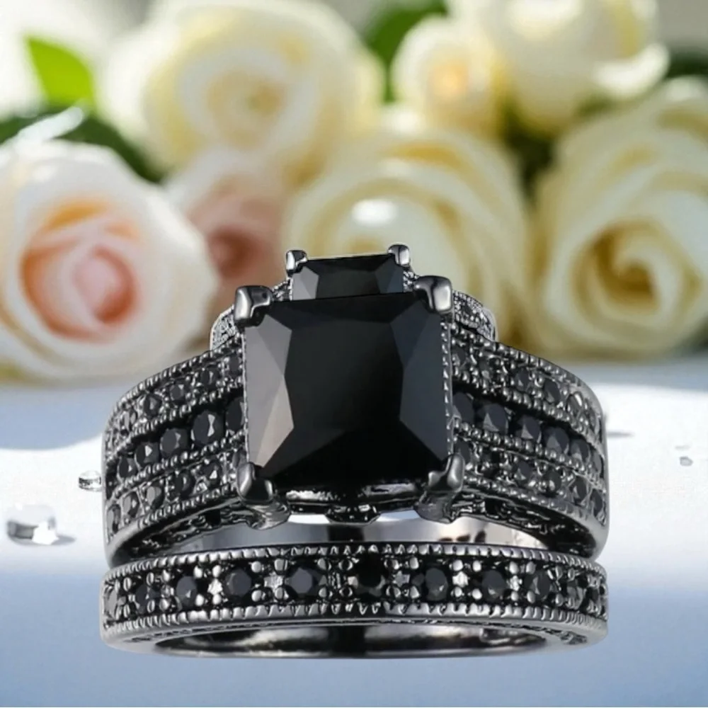 SODROV Vintage Black Gold Plated Black Zircon Jewelry Ring Sets for Women - Picture 3 of 3